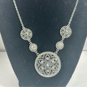 Vintage Liz Claiborne Marcasite & Rhinestone Filigree Disc Necklace Silver Tone